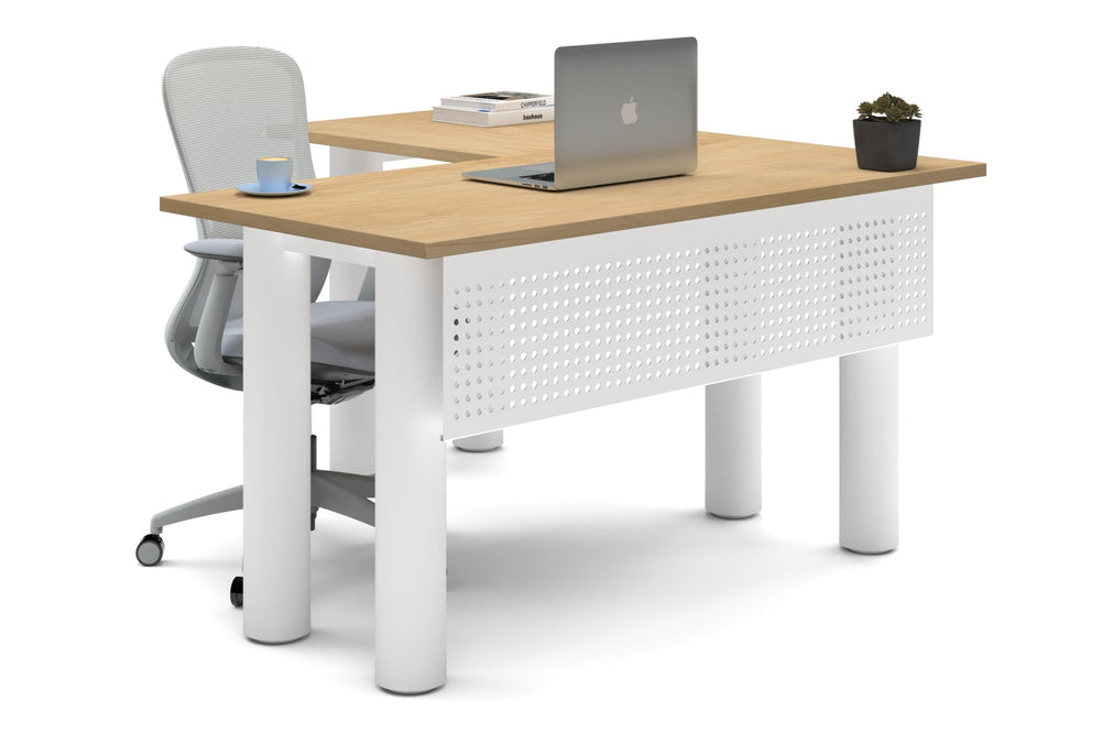 Quadro Cylinder Leg - L Shaped Corner Office Desk  [1400L x 1450W]-white leg maple metal modesty panel