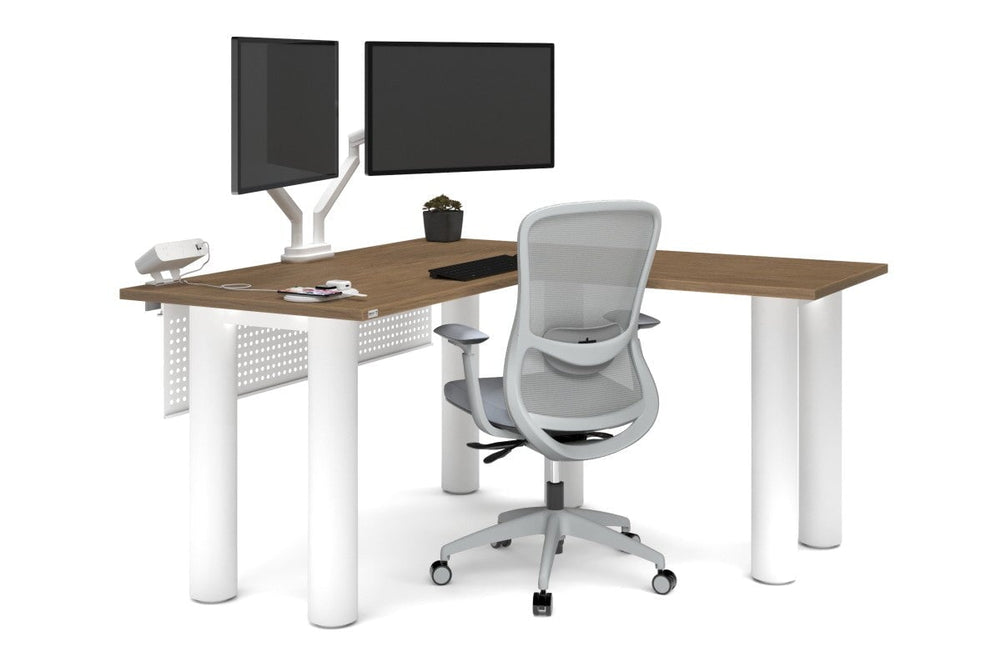 Quadro Cylinder Leg - L Shaped Corner Office Desk  [1400L x 1450W]-black leg dark oak metal modesty panel