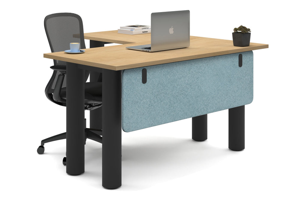 Quadro Cylinder Leg - L Shaped Corner Office Desk  [1400L x 1450W]-black leg maple blue acoustic modesty panel (350H x 1200W)