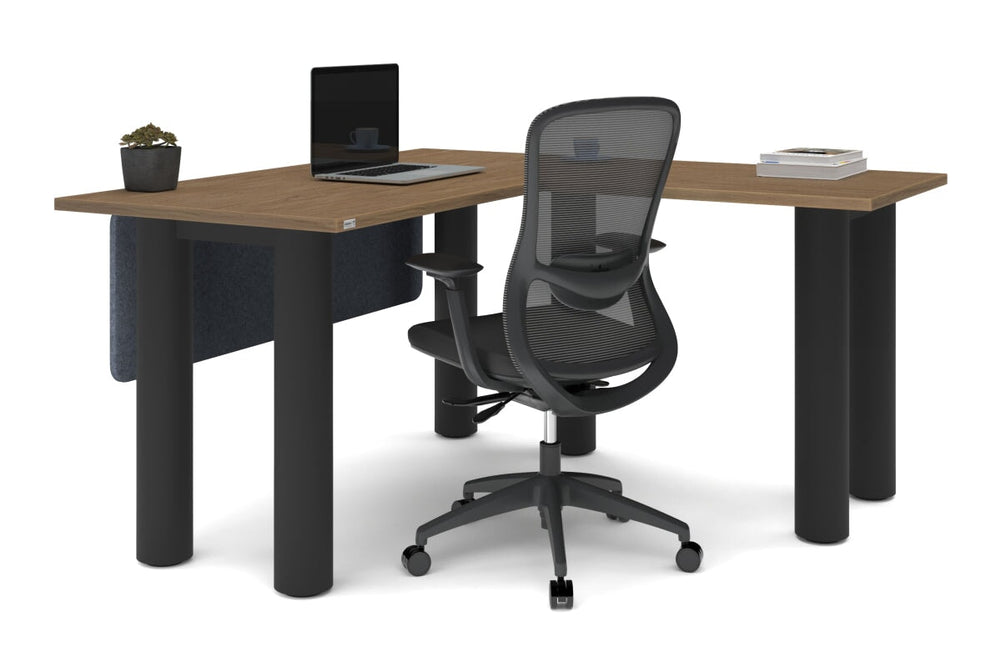Quadro Cylinder Leg - L Shaped Corner Office Desk  [1400L x 1450W]-black leg dark oak metal modesty panel