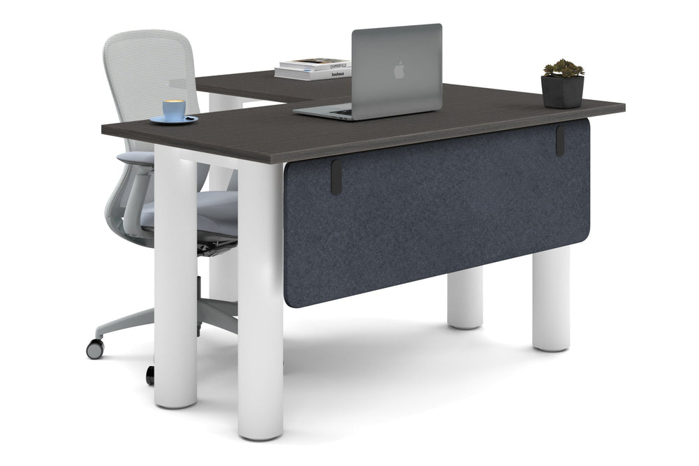 Quadro Cylinder Leg - L Shaped Corner Office Desk  [1400L x 1450W]-white leg dark oak dark grey acoustic modesty panel (350H x 1200W)