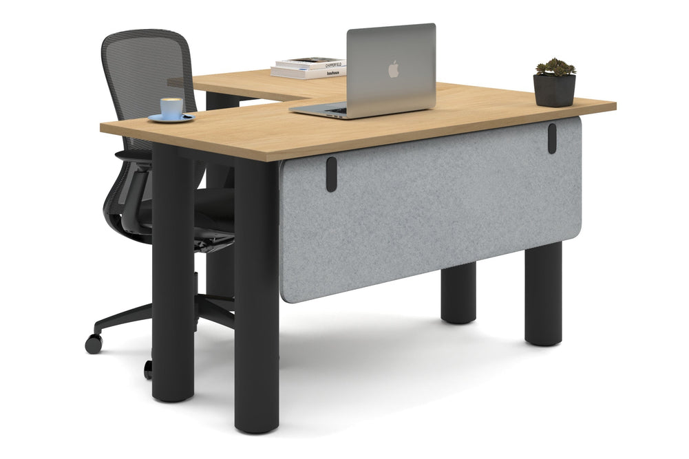 Quadro Cylinder Leg - L Shaped Corner Office Desk  [1400L x 1450W]-black leg maple light grey acoustic modesty panel (350H x 1200W)
