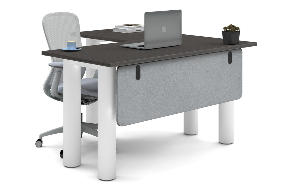 Quadro Cylinder Leg - L Shaped Corner Office Desk  [1400L x 1450W]-white leg dark oak light grey acoustic modesty panel (350H x 1200W)