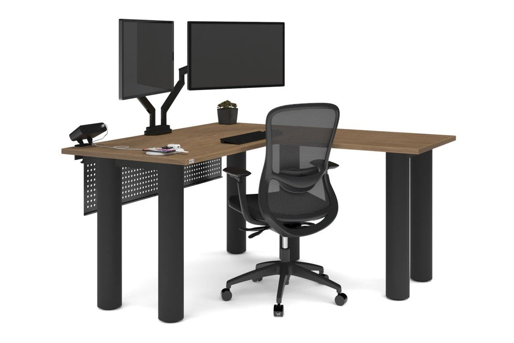 Quadro Cylinder Leg - L Shaped Corner Office Desk  [1400L x 1450W]-black leg dark oak metal modesty panel