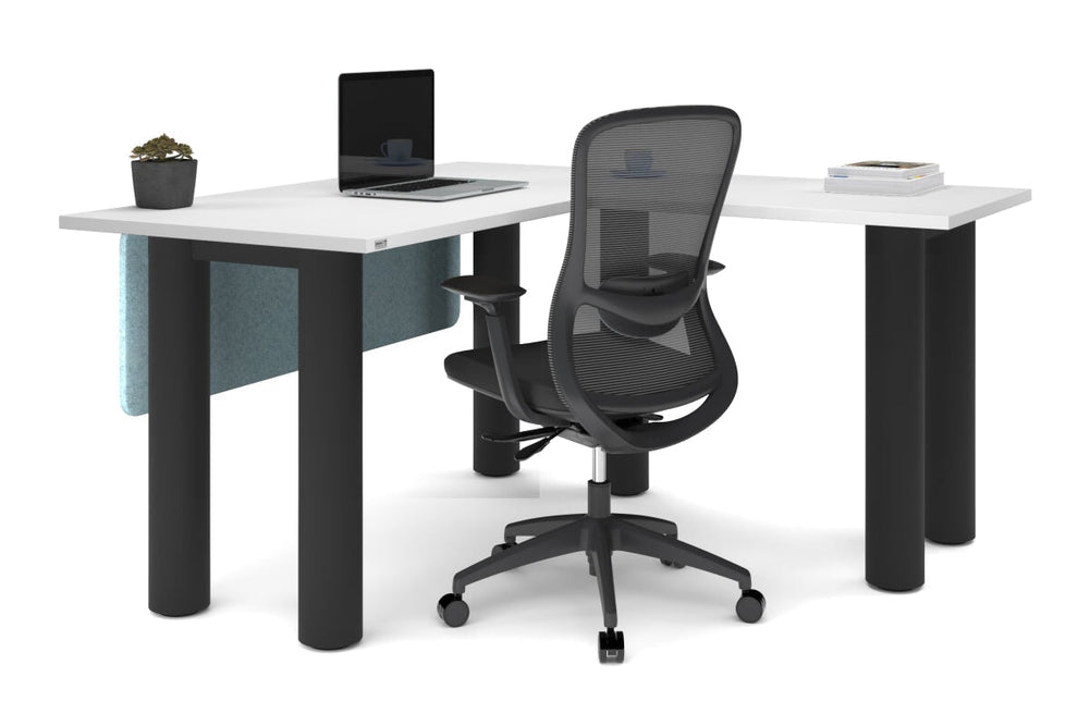 Quadro Cylinder Leg - L Shaped Corner Office Desk  [1400L x 1450W]-black leg dark oak metal modesty panel