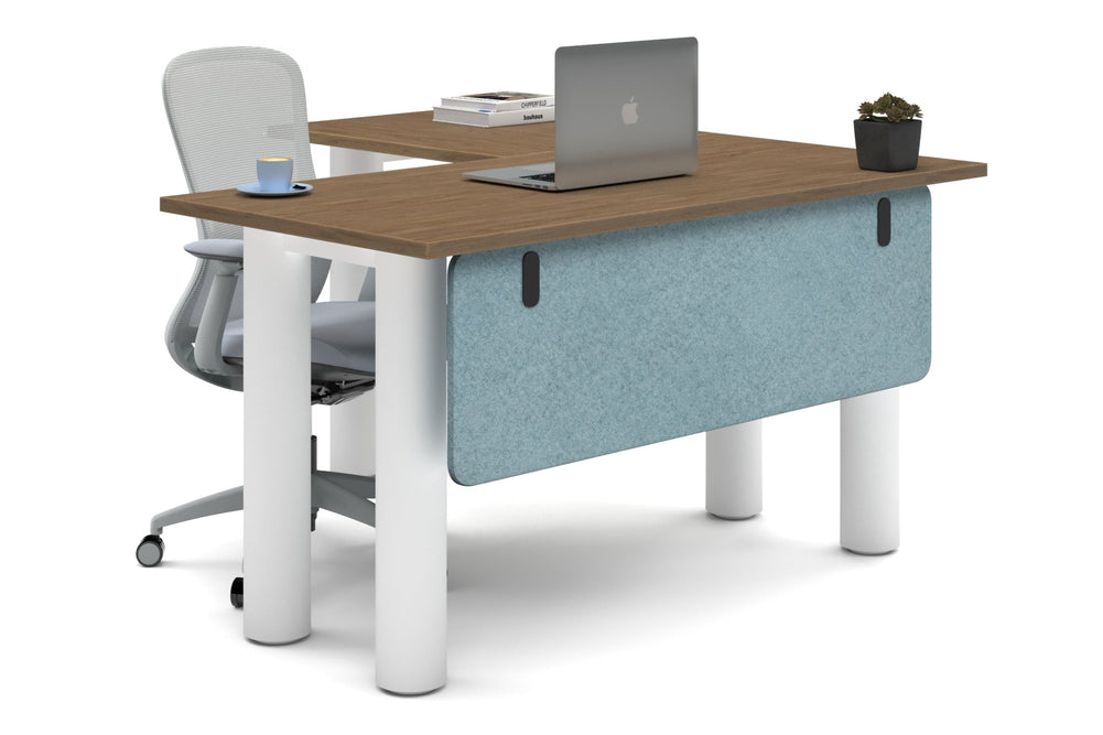 Quadro Cylinder Leg - L Shaped Corner Office Desk  [1400L x 1450W]-white leg salvage oak blue acoustic modesty panel (350H x 1200W)