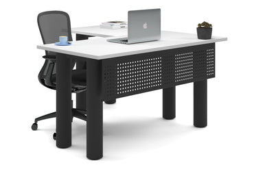 Quadro Cylinder Leg - L Shaped Corner Office Desk [1400L x 1450W] Jasonl black leg white metal modesty panel