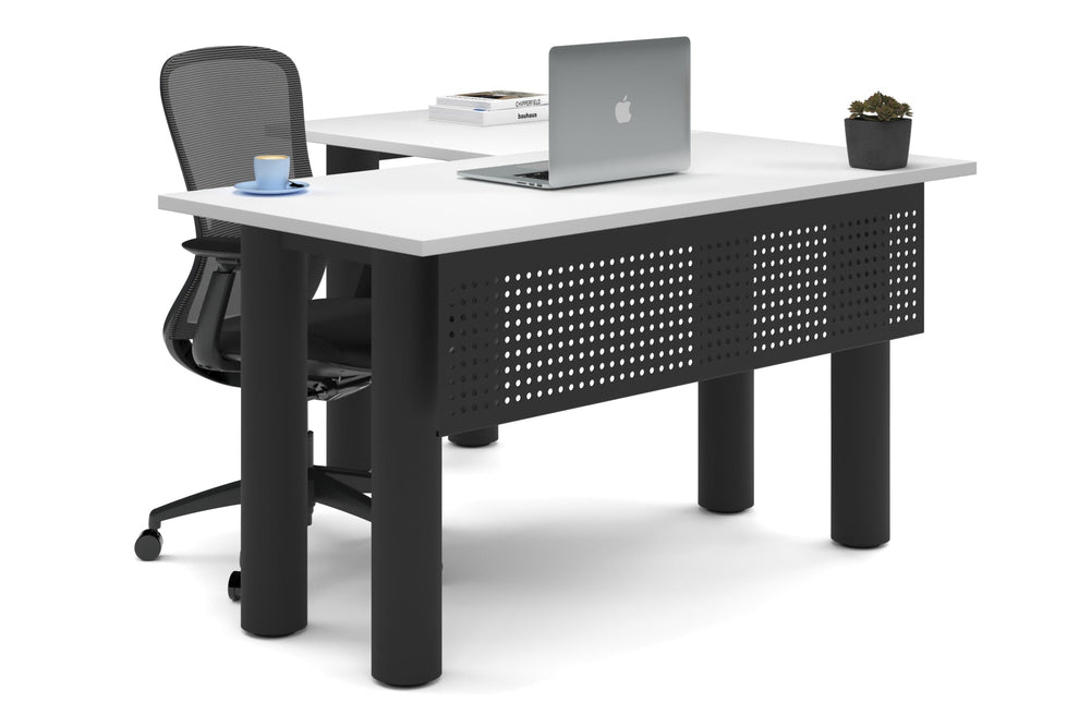 Quadro Cylinder Leg - L Shaped Corner Office Desk  [1400L x 1450W]-black leg white metal modesty panel