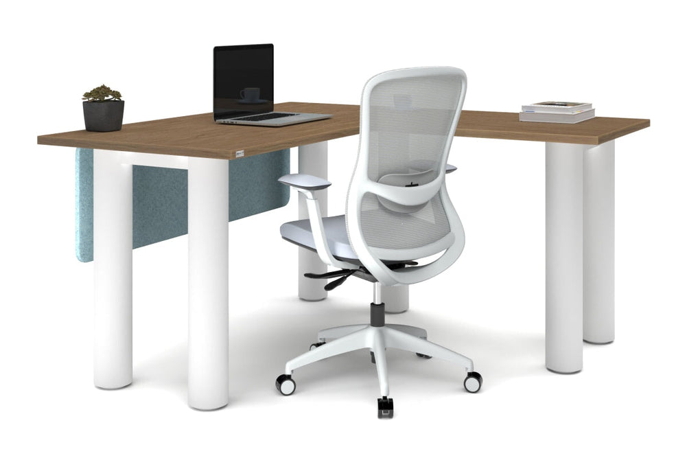 Quadro Cylinder Leg - L Shaped Corner Office Desk  [1400L x 1450W]-black leg dark oak metal modesty panel