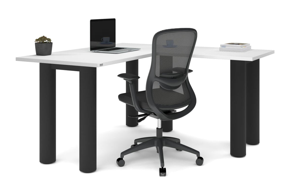 Quadro Cylinder Leg - L Shaped Corner Office Desk  [1400L x 1450W]-black leg dark oak metal modesty panel