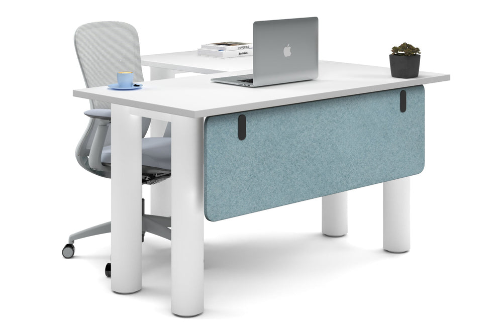 Quadro Cylinder Leg - L Shaped Corner Office Desk  [1400L x 1450W]-white leg white blue acoustic modesty panel (350H x 1200W)