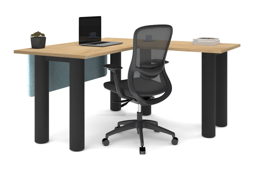 Quadro Cylinder Leg - L Shaped Corner Office Desk  [1400L x 1450W]-black leg dark oak metal modesty panel