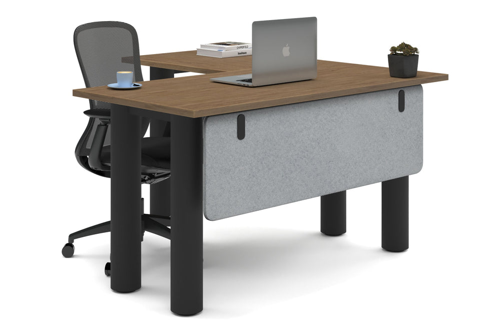 Quadro Cylinder Leg - L Shaped Corner Office Desk  [1400L x 1450W]-black leg salvage oak light grey acoustic modesty panel (350H x 1200W)