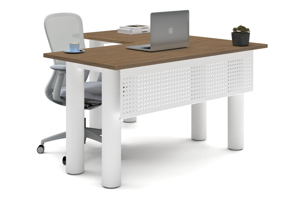 Quadro Cylinder Leg - L Shaped Corner Office Desk  [1400L x 1450W]-white leg salvage oak metal modesty panel