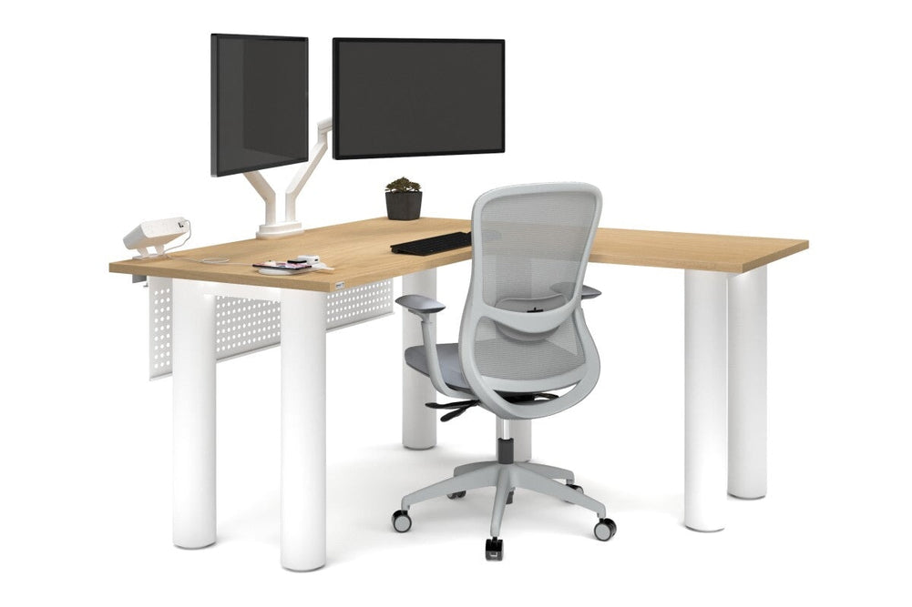 Quadro Cylinder Leg - L Shaped Corner Office Desk  [1400L x 1450W]-black leg dark oak metal modesty panel