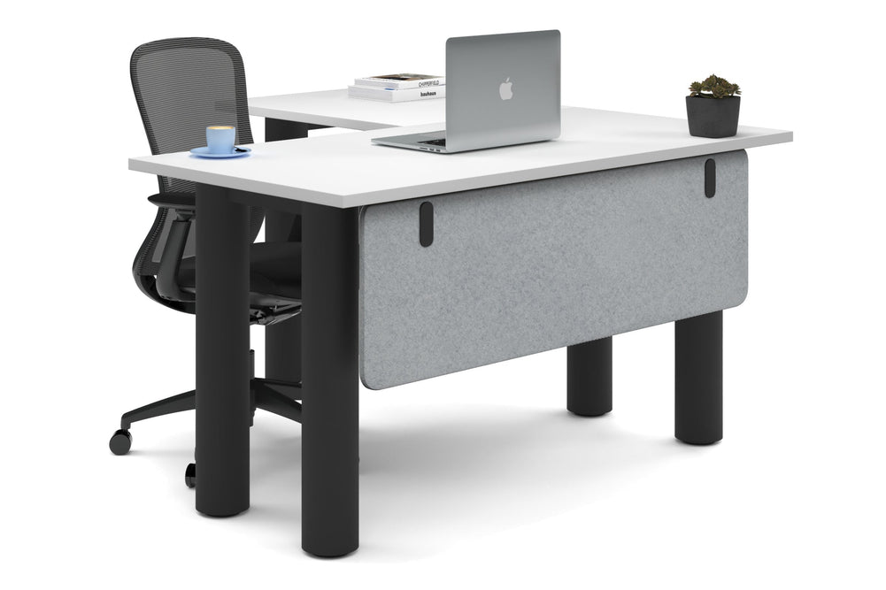 Quadro Cylinder Leg - L Shaped Corner Office Desk  [1400L x 1450W]-black leg white light grey acoustic modesty panel (350H x 1200W)