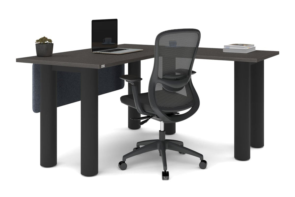 Quadro Cylinder Leg - L Shaped Corner Office Desk  [1400L x 1450W]-black leg dark oak metal modesty panel