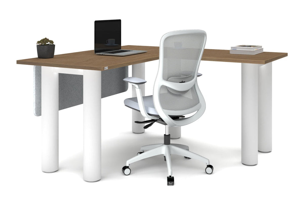 Quadro Cylinder Leg - L Shaped Corner Office Desk  [1400L x 1450W]-black leg dark oak metal modesty panel