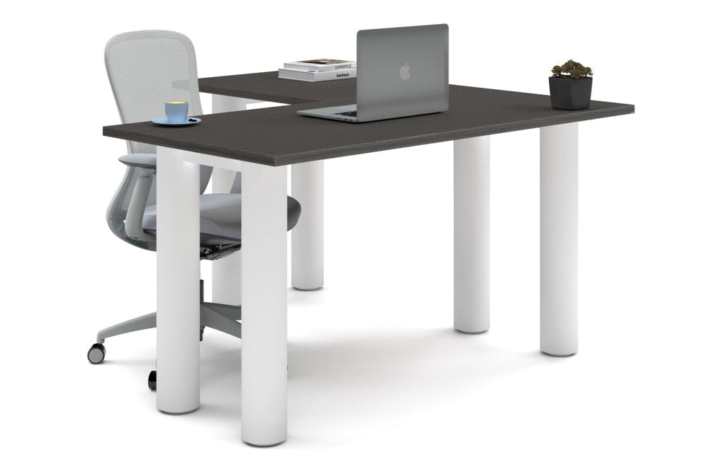 Quadro Cylinder Leg - L Shaped Corner Office Desk  [1400L x 1450W]-white leg dark oak none