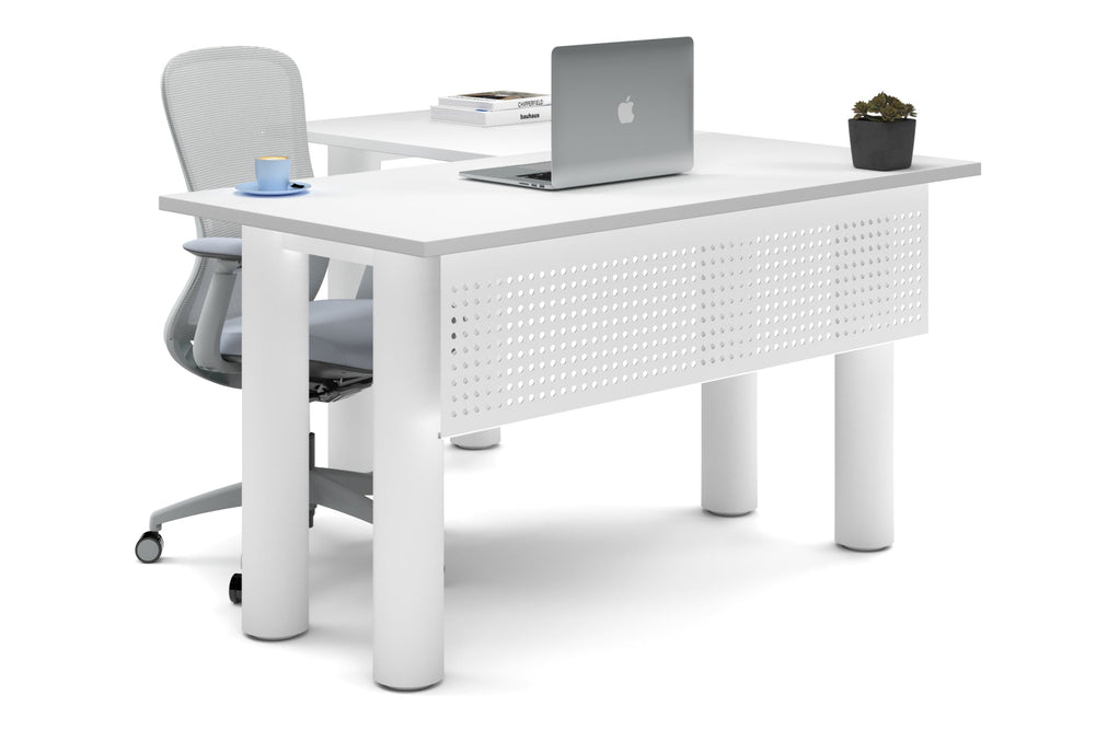 Quadro Cylinder Leg - L Shaped Corner Office Desk  [1400L x 1450W]-white leg white metal modesty panel