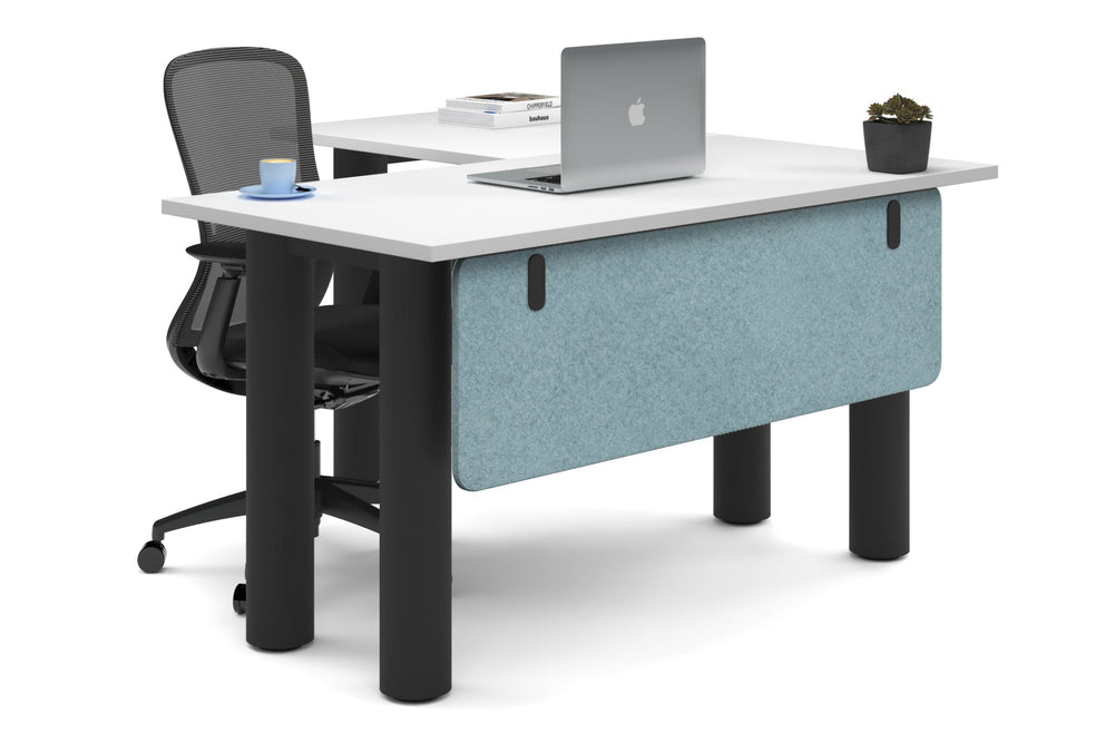 Quadro Cylinder Leg - L Shaped Corner Office Desk  [1400L x 1450W]-black leg white blue acoustic modesty panel (350H x 1200W)