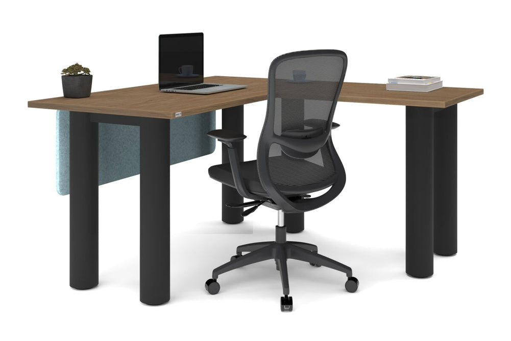 Quadro Cylinder Leg - L Shaped Corner Office Desk  [1400L x 1450W]-black leg dark oak metal modesty panel