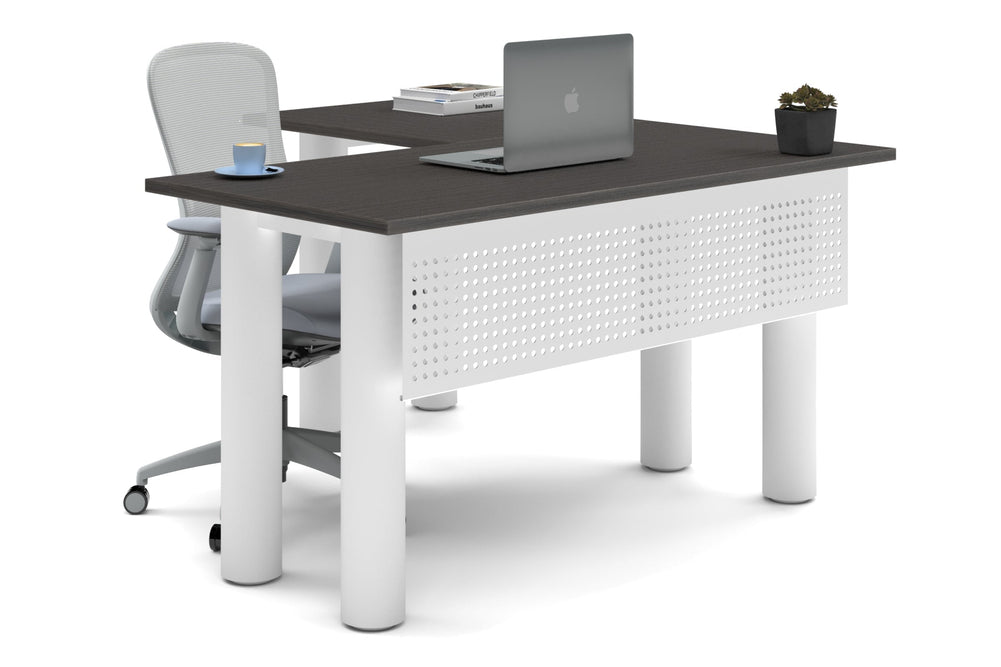 Quadro Cylinder Leg - L Shaped Corner Office Desk  [1400L x 1450W]-white leg dark oak metal modesty panel