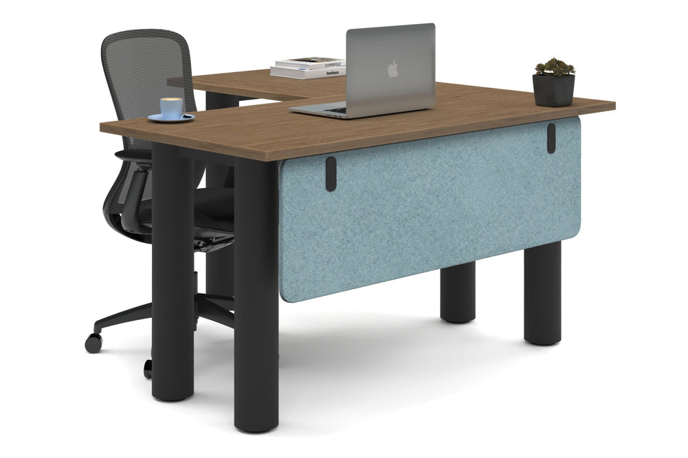 Quadro Cylinder Leg - L Shaped Corner Office Desk  [1400L x 1450W]-black leg salvage oak blue acoustic modesty panel (350H x 1200W)