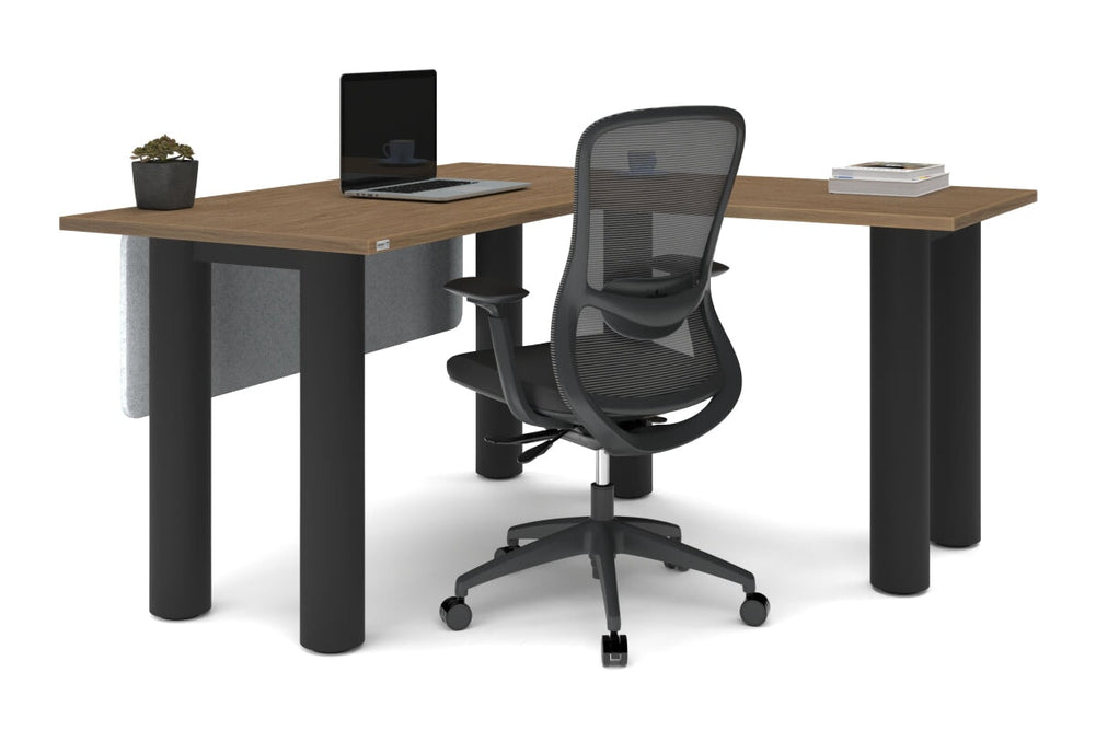 Quadro Cylinder Leg - L Shaped Corner Office Desk  [1400L x 1450W]-black leg dark oak metal modesty panel