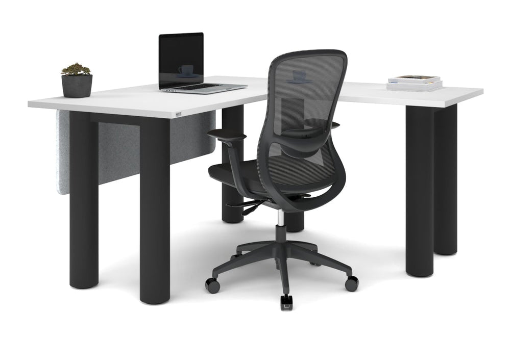 Quadro Cylinder Leg - L Shaped Corner Office Desk  [1400L x 1450W]-black leg dark oak metal modesty panel
