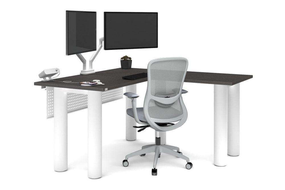 Quadro Cylinder Leg - L Shaped Corner Office Desk  [1400L x 1450W]-black leg dark oak metal modesty panel