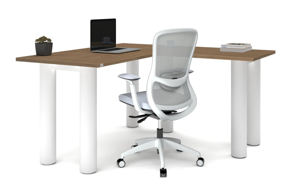 Quadro Cylinder Leg - L Shaped Corner Office Desk  [1400L x 1450W]-black leg dark oak metal modesty panel