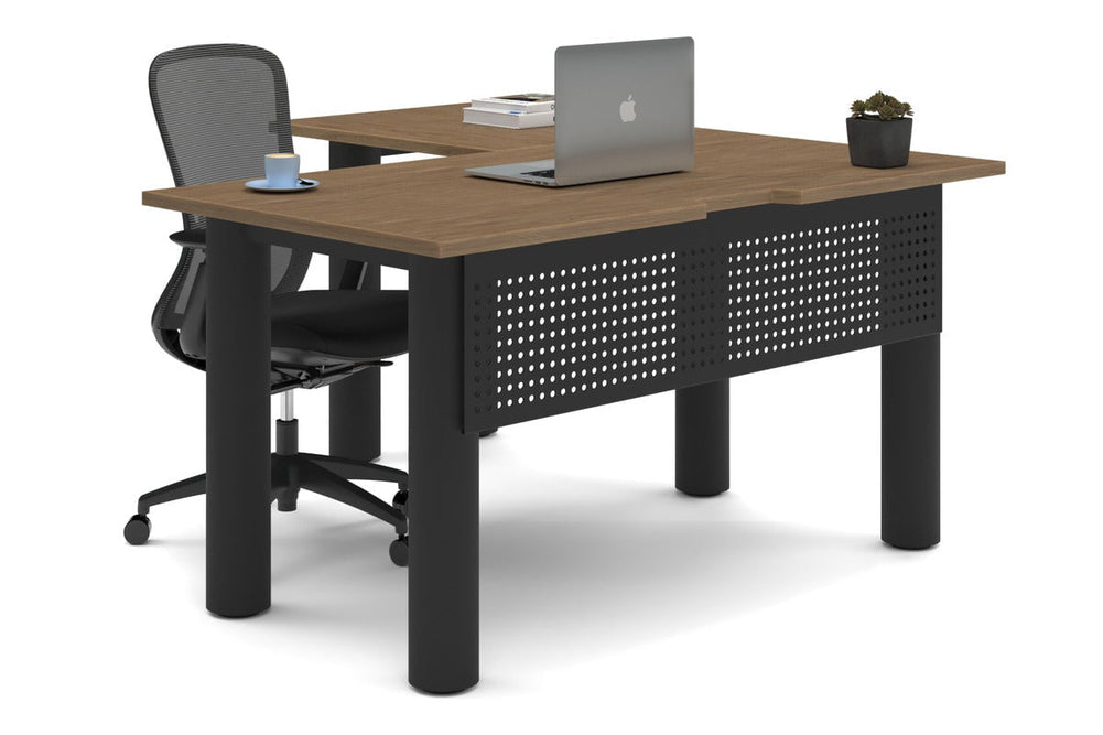 Quadro Cylinder Leg - L Shaped Corner Office Desk  [1400L x 1550W with Cable Scallop]-black leg salvage oak metal modesty panel