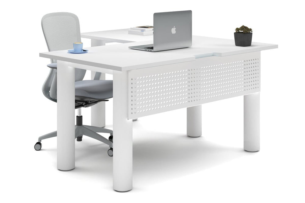 Quadro Cylinder Leg - L Shaped Corner Office Desk  [1400L x 1550W with Cable Scallop]-white leg white metal modesty panel