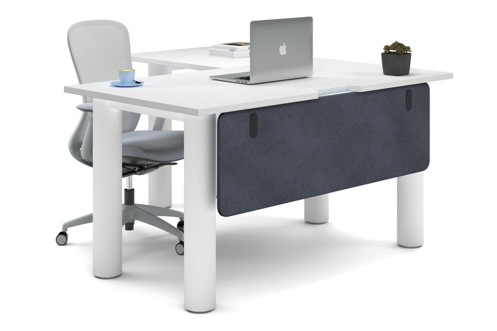 Quadro Cylinder Leg - L Shaped Corner Office Desk  [1400L x 1550W with Cable Scallop]-white leg white dark grey acoustic modesty panel (350H x 1200W)