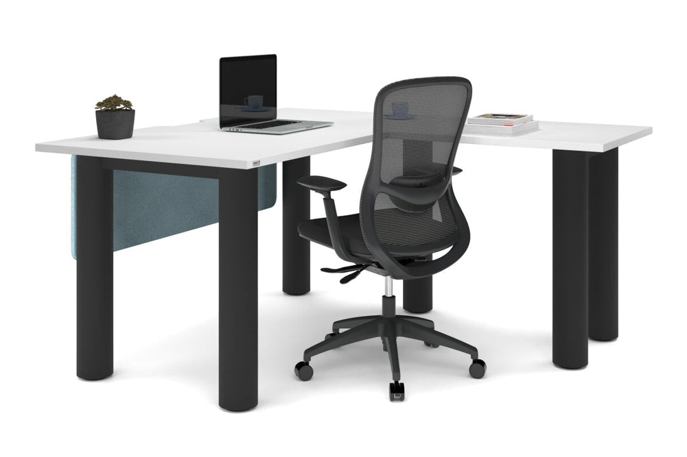 Quadro Cylinder Leg - L Shaped Corner Office Desk  [1400L x 1550W with Cable Scallop]-black leg dark oak metal modesty panel