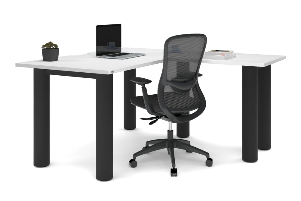 Quadro Cylinder Leg - L Shaped Corner Office Desk  [1400L x 1550W with Cable Scallop]-black leg dark oak metal modesty panel
