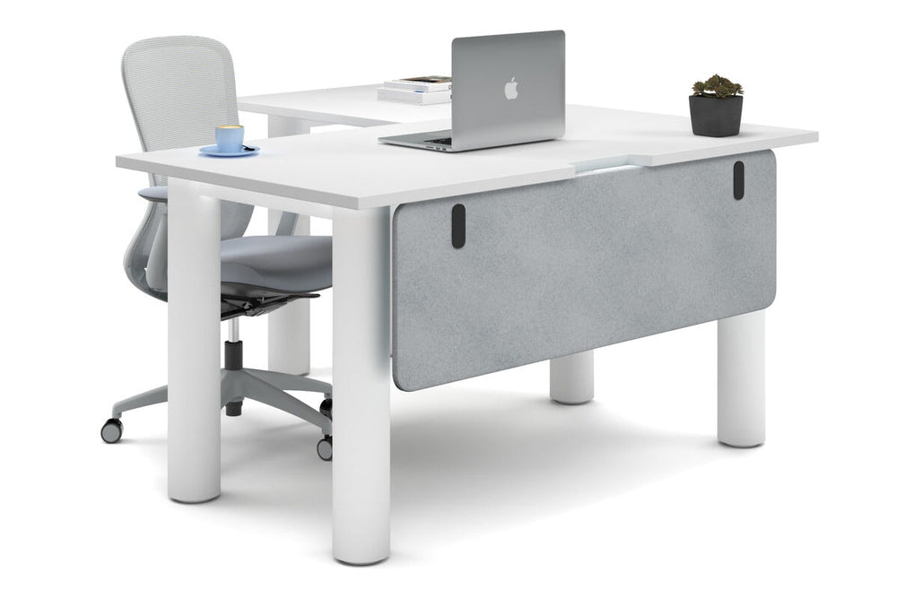 Quadro Cylinder Leg - L Shaped Corner Office Desk  [1400L x 1550W with Cable Scallop]-white leg white light grey acoustic modesty panel (350H x 1200W)