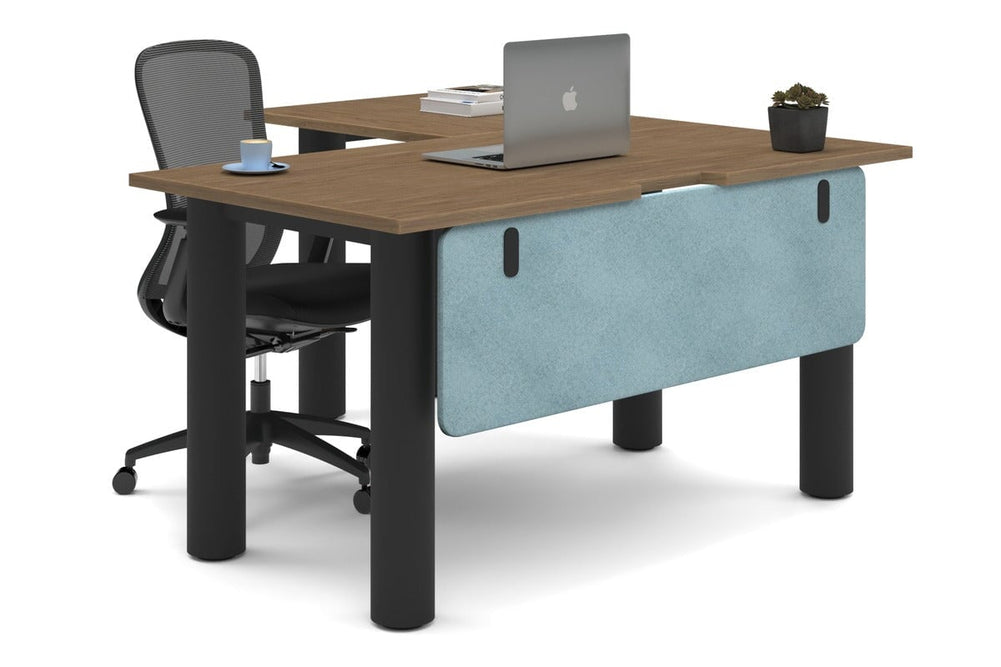 Quadro Cylinder Leg - L Shaped Corner Office Desk  [1400L x 1550W with Cable Scallop]-black leg salvage oak blue acoustic modesty panel (350H x 1200W)