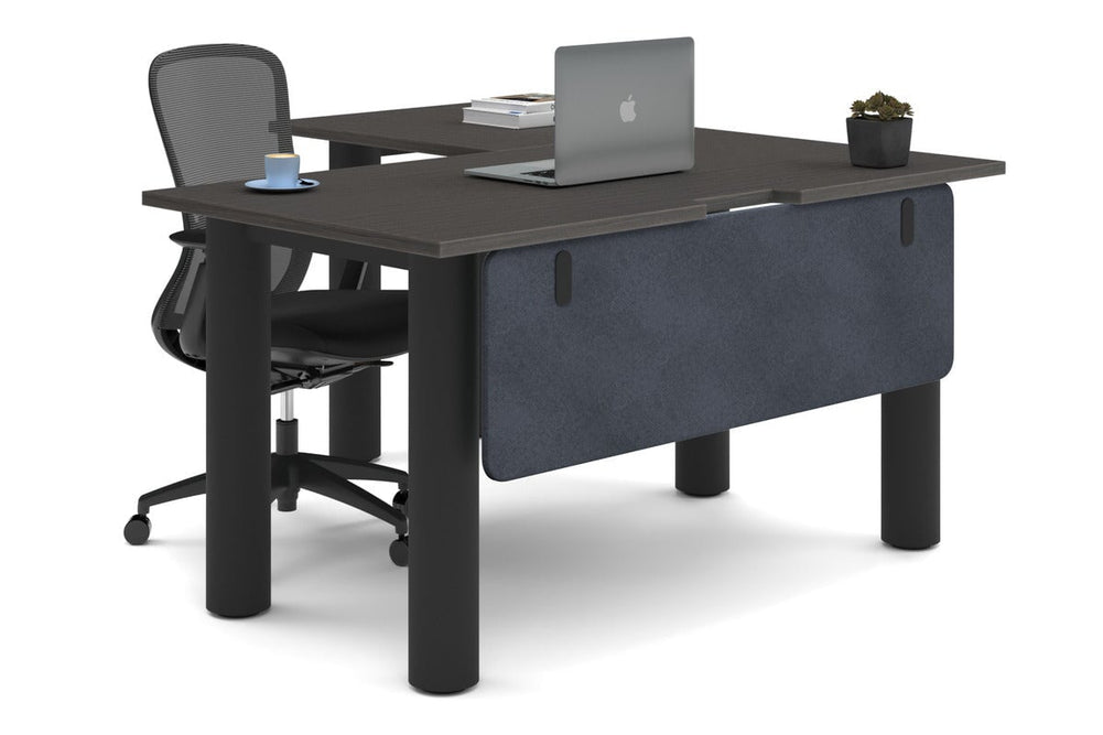 Quadro Cylinder Leg - L Shaped Corner Office Desk  [1400L x 1550W with Cable Scallop]-black leg dark oak dark grey acoustic modesty panel (350H x 1200W)