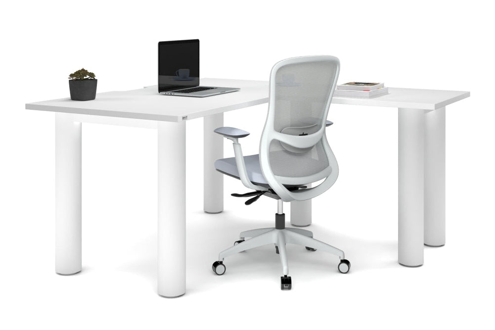 Quadro Cylinder Leg - L Shaped Corner Office Desk  [1400L x 1550W with Cable Scallop]-black leg dark oak metal modesty panel