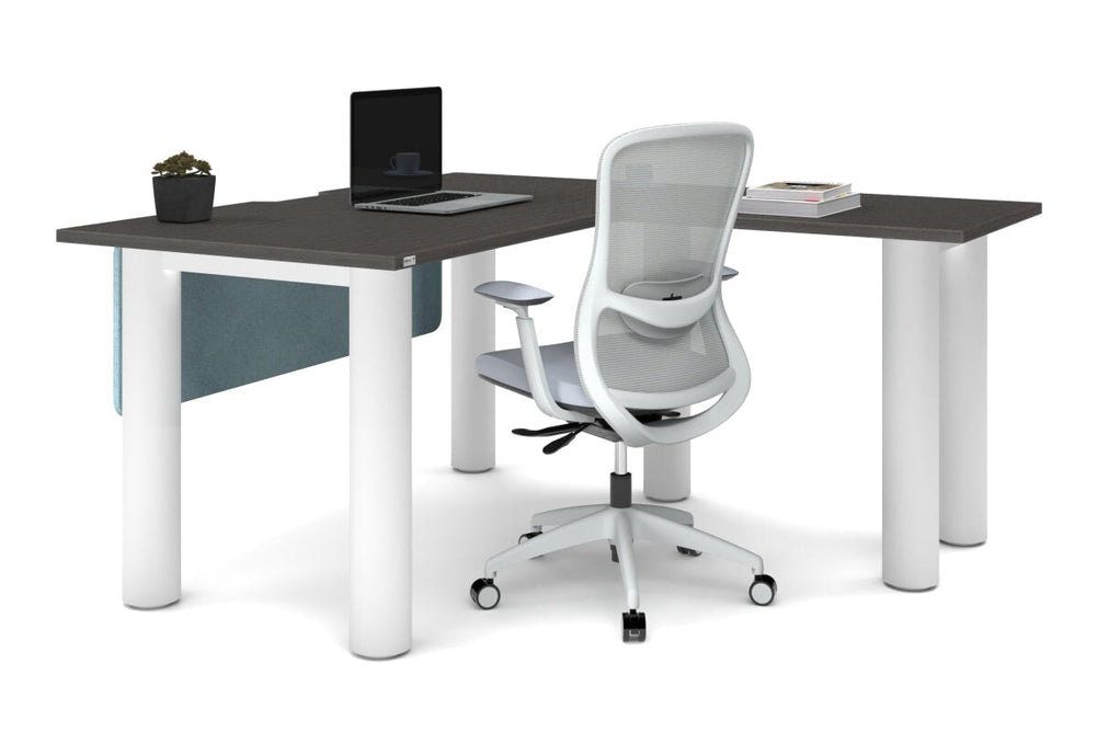 Quadro Cylinder Leg - L Shaped Corner Office Desk  [1400L x 1550W with Cable Scallop]-black leg dark oak metal modesty panel