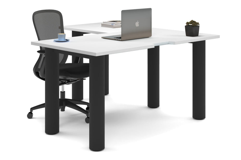 Quadro Cylinder Leg - L Shaped Corner Office Desk  [1400L x 1550W with Cable Scallop]-black leg white none