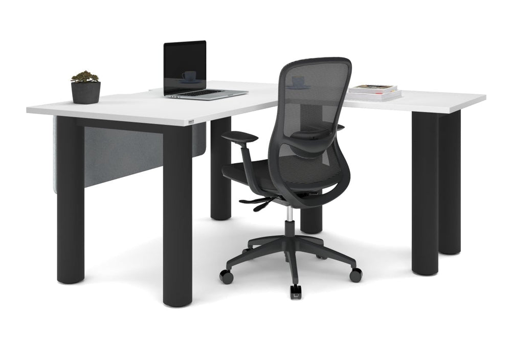 Quadro Cylinder Leg - L Shaped Corner Office Desk  [1400L x 1550W with Cable Scallop]-black leg dark oak metal modesty panel