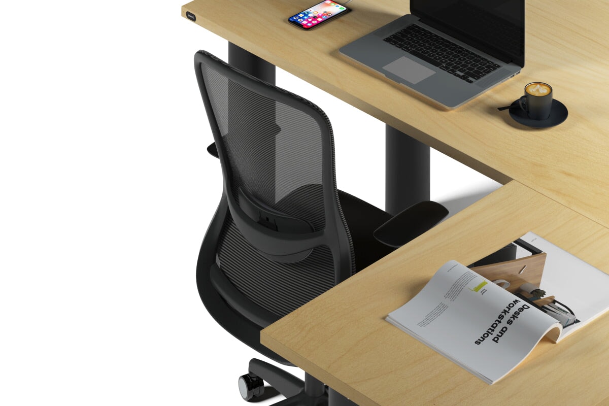 Quadro Cylinder Leg - L Shaped Corner Office Desk  [1400L x 1450W]-black leg dark oak metal modesty panel