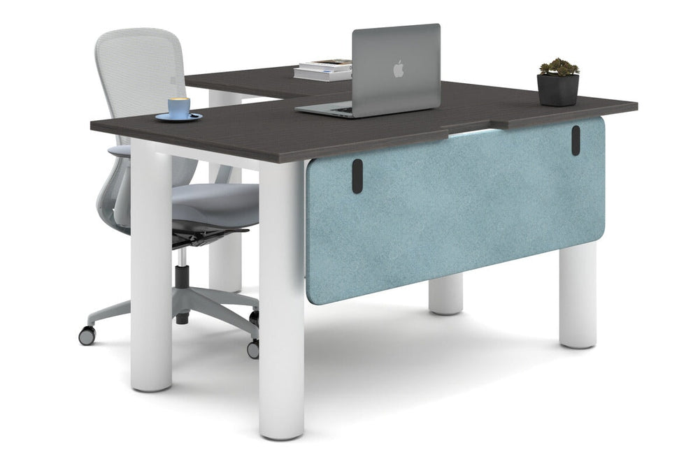 Quadro Cylinder Leg - L Shaped Corner Office Desk  [1400L x 1550W with Cable Scallop]-white leg dark oak blue acoustic modesty panel (350H x 1200W)