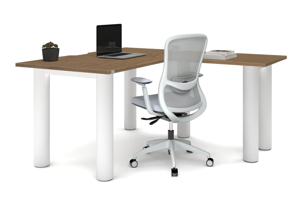Quadro Cylinder Leg - L Shaped Corner Office Desk  [1400L x 1550W with Cable Scallop]-black leg dark oak metal modesty panel