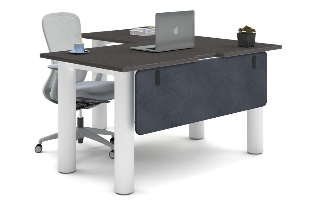Quadro Cylinder Leg - L Shaped Corner Office Desk  [1400L x 1550W with Cable Scallop]-white leg dark oak dark grey acoustic modesty panel (350H x 1200W)