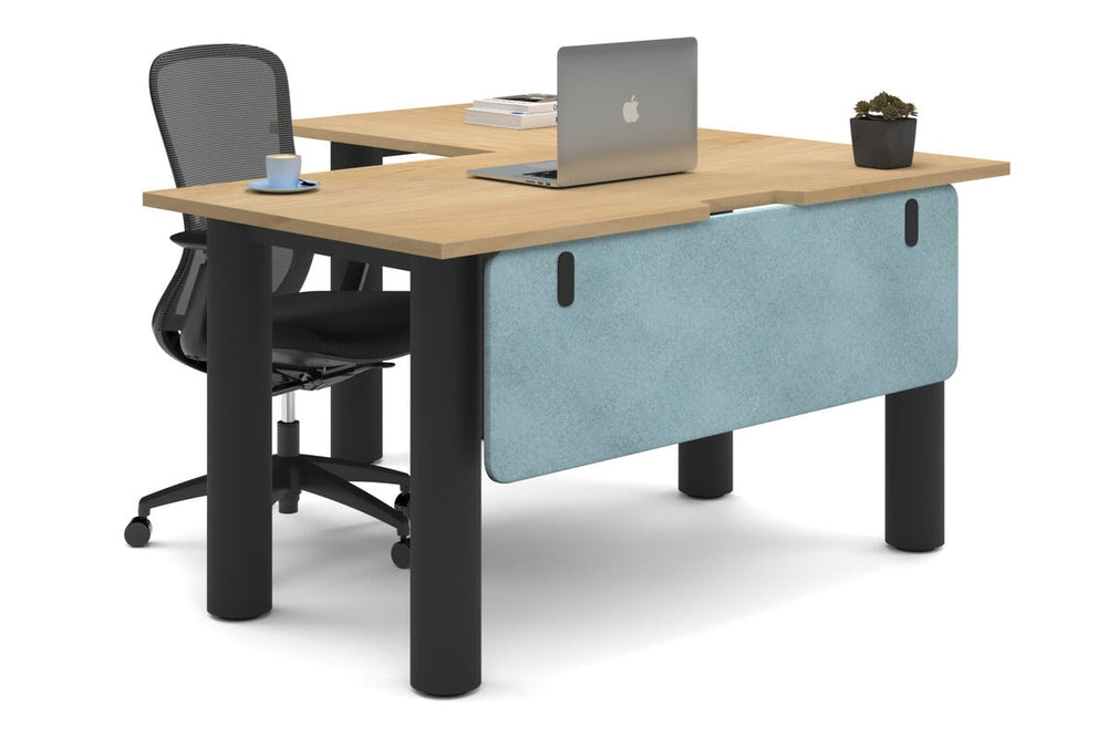 Quadro Cylinder Leg - L Shaped Corner Office Desk  [1400L x 1550W with Cable Scallop]-black leg maple blue acoustic modesty panel (350H x 1200W)