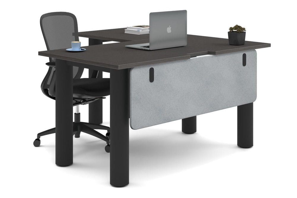 Quadro Cylinder Leg - L Shaped Corner Office Desk  [1400L x 1550W with Cable Scallop]-black leg dark oak light grey acoustic modesty panel (350H x 1200W)